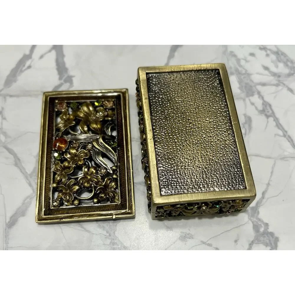 Vintage Hollywood Regency Jeweled Floral Jewelry Casket Trinket Box Gold Tone